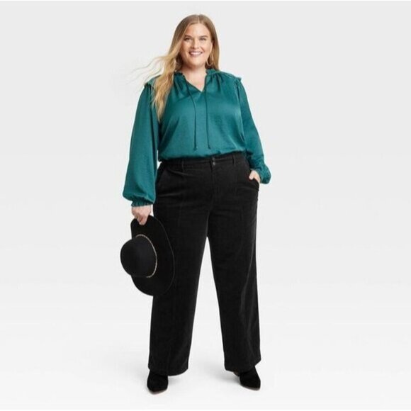 Knox Rose Plus Size 30 Black Wide Leg Corduroy Pants High Rise Trouser - Picture 1 of 5